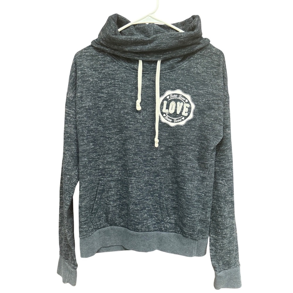 Reflex Cowl‎ Neck Pullover Sweatshirt Love Graphic Drawstring Heathered M
